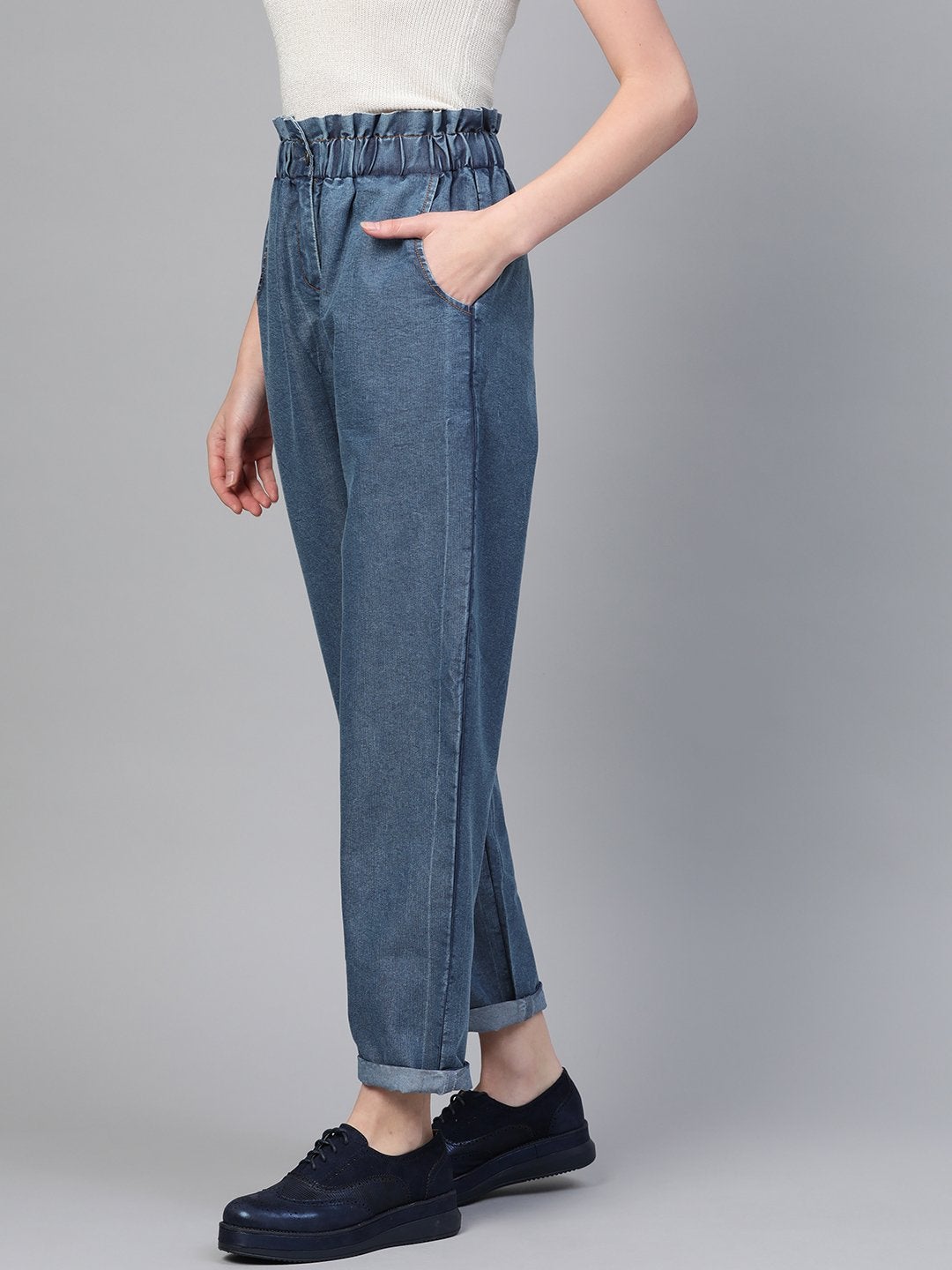 Women's Blue Paper Bag Waist Jeans - SASSAFRAS