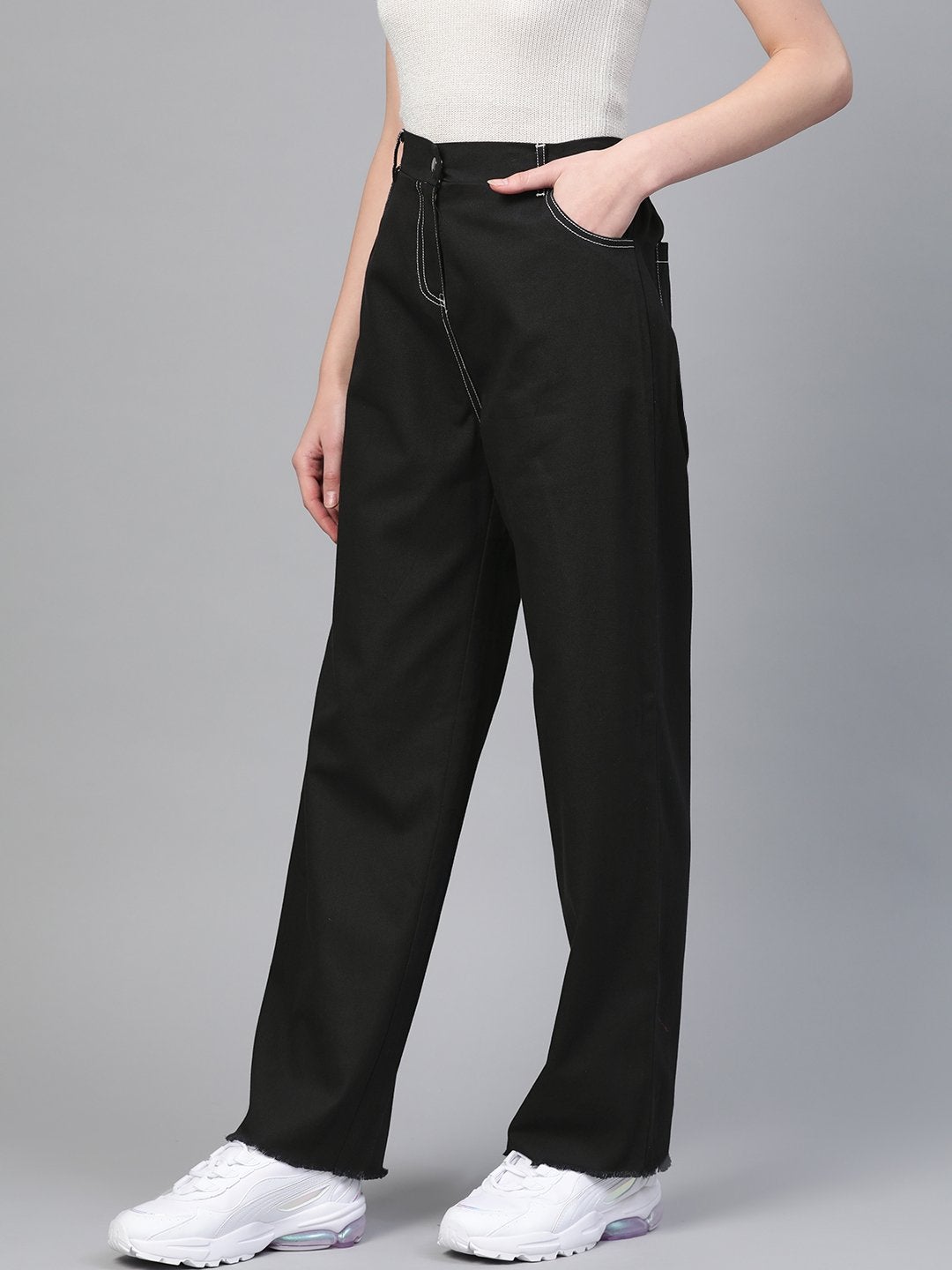 Women's Black With White Contrast Stitch Wide Jeans - SASSAFRAS