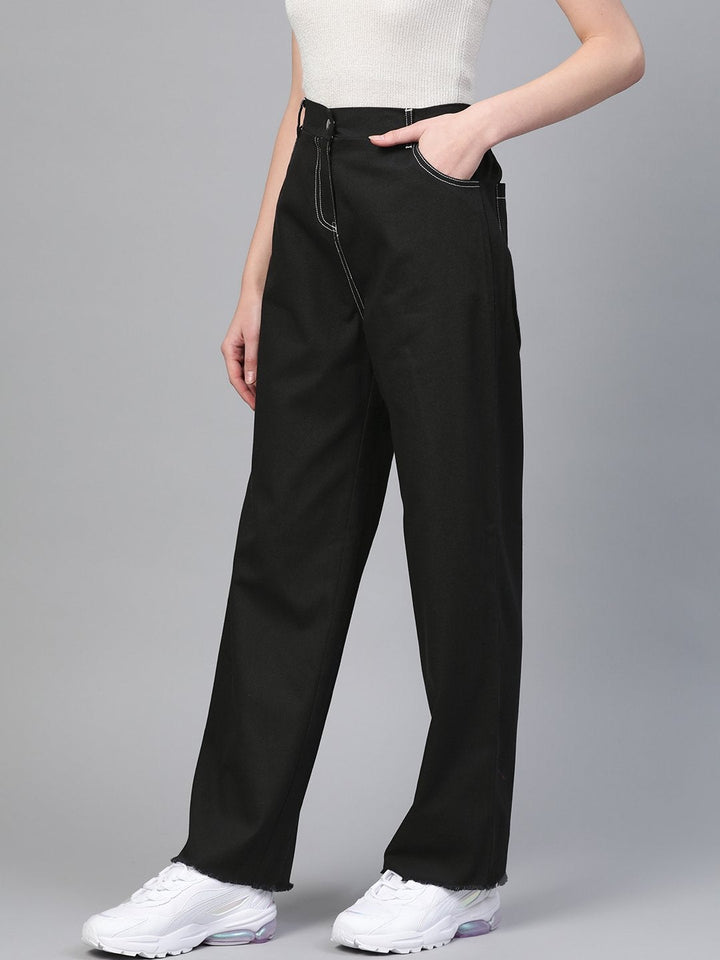 Women's Black With White Contrast Stitch Wide Jeans - SASSAFRAS