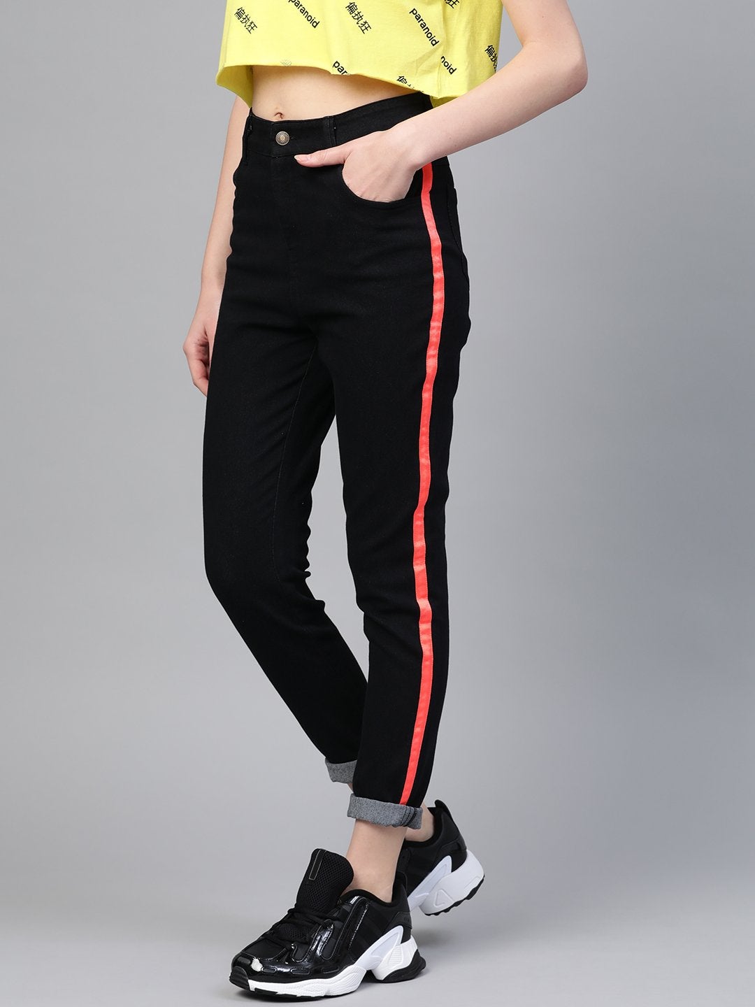 Women's Black Side Tape Jeans - SASSAFRAS