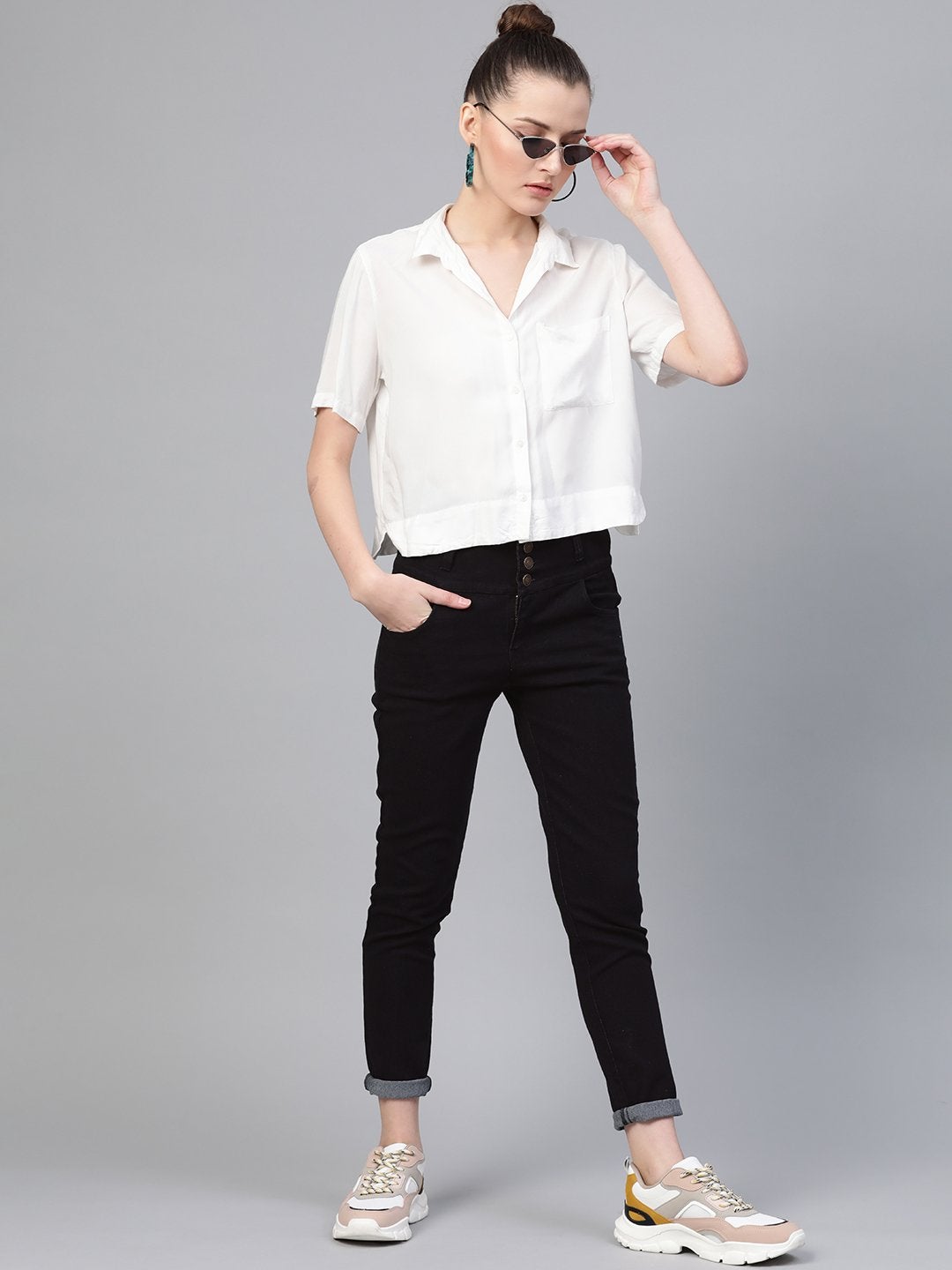 Women's Black Metal Button High Waist Jeans - SASSAFRAS