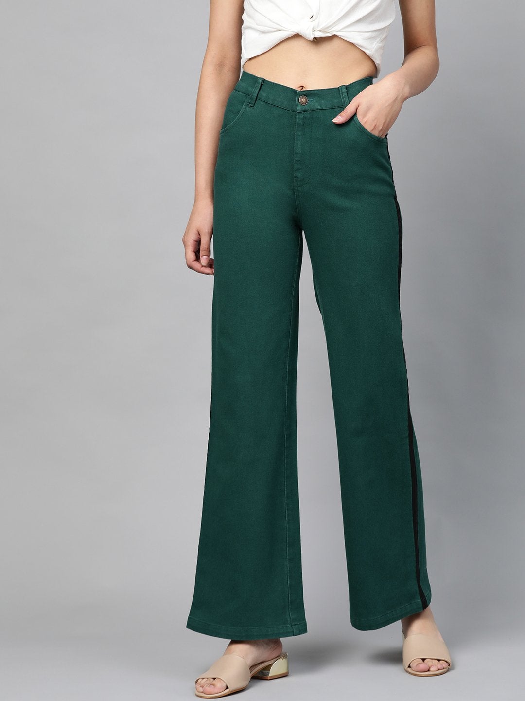 Women's Emerald Green Side Tape Bell Bottom Jeans - SASSAFRAS