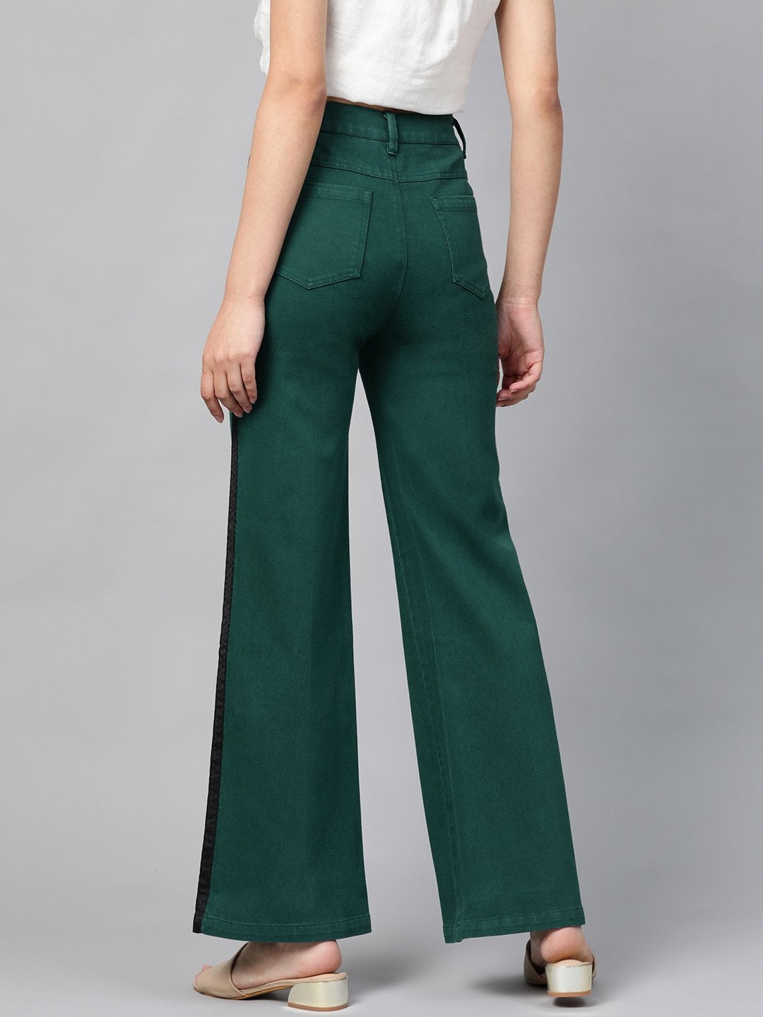 Women's Emerald Green Side Tape Bell Bottom Jeans - SASSAFRAS