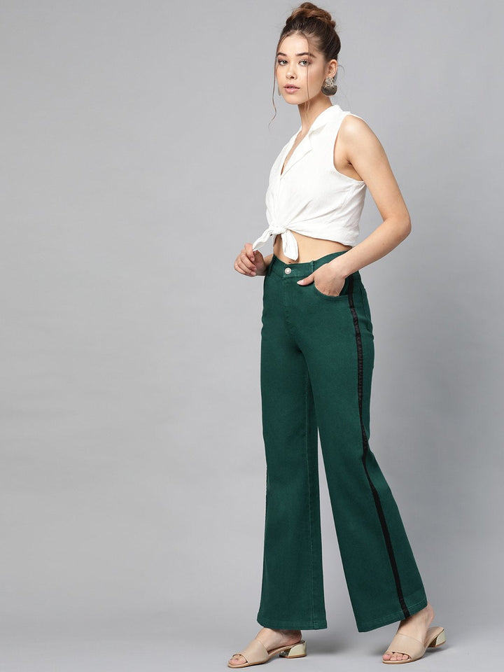 Women's Emerald Green Side Tape Bell Bottom Jeans - SASSAFRAS