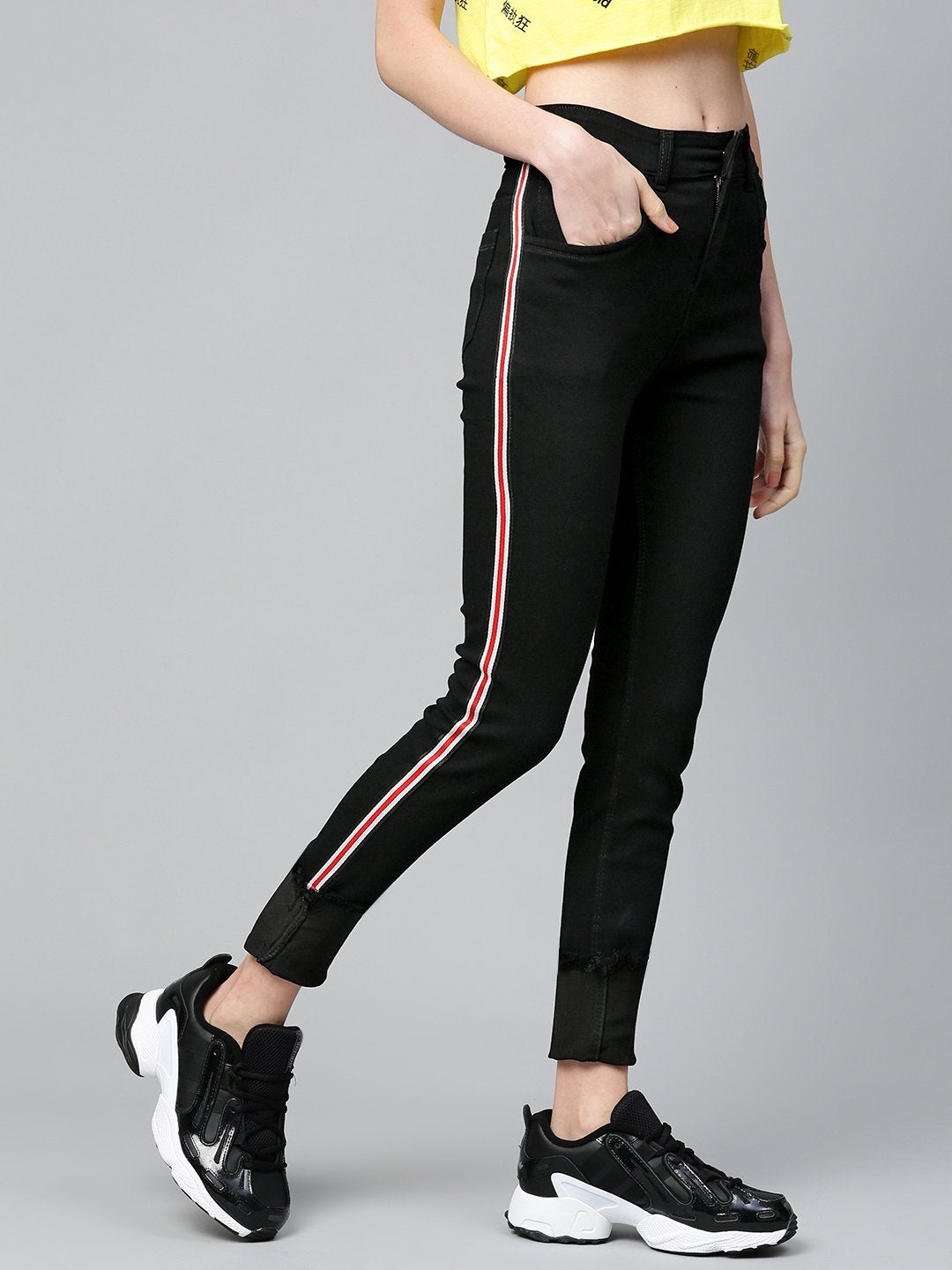 Women's Black Side Tape Basic Jeans - SASSAFRAS