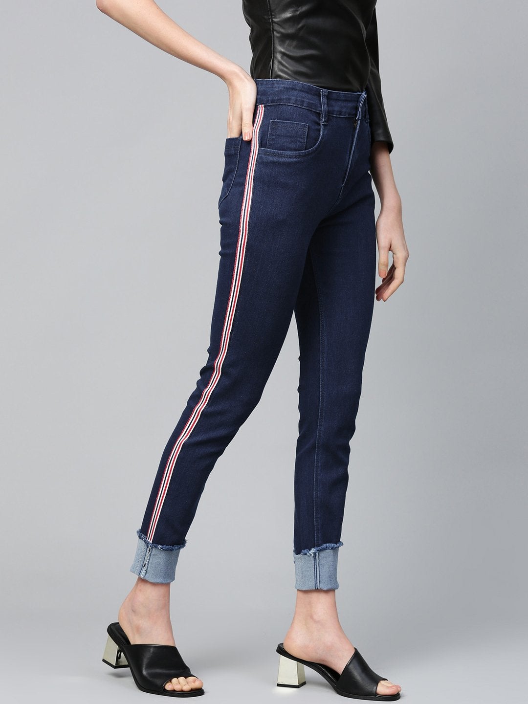 Women's Navy Side Tape Basic Jeans - SASSAFRAS