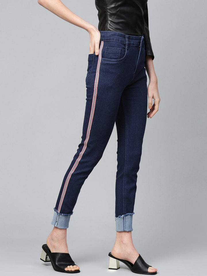 Women's Navy Side Tape Basic Jeans - SASSAFRAS