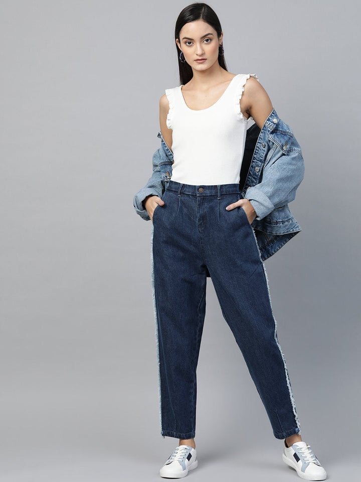 Women's Blue Side Fringe Tape Detail Slouchy Jeans - SASSAFRAS