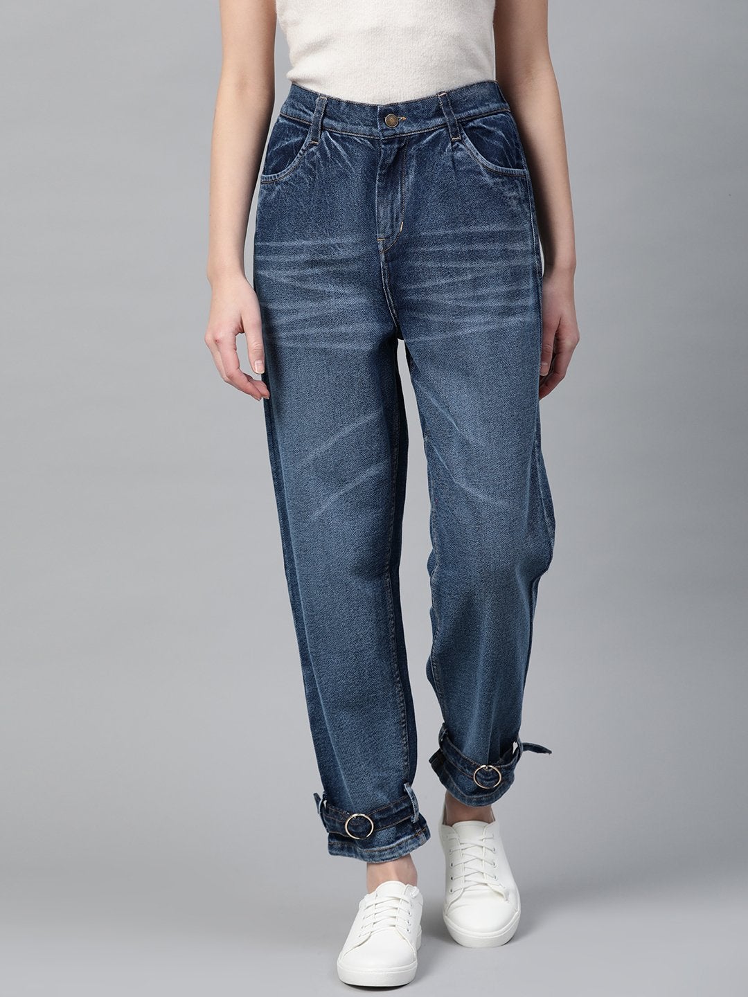Women's Blue Ring Detail High Waisted Jeans - SASSAFRAS