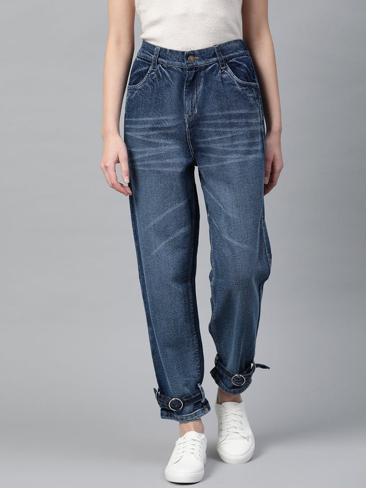 Women's Blue Ring Detail High Waisted Jeans - SASSAFRAS