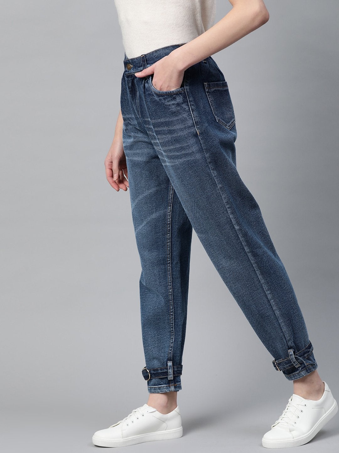 Women's Blue Ring Detail High Waisted Jeans - SASSAFRAS