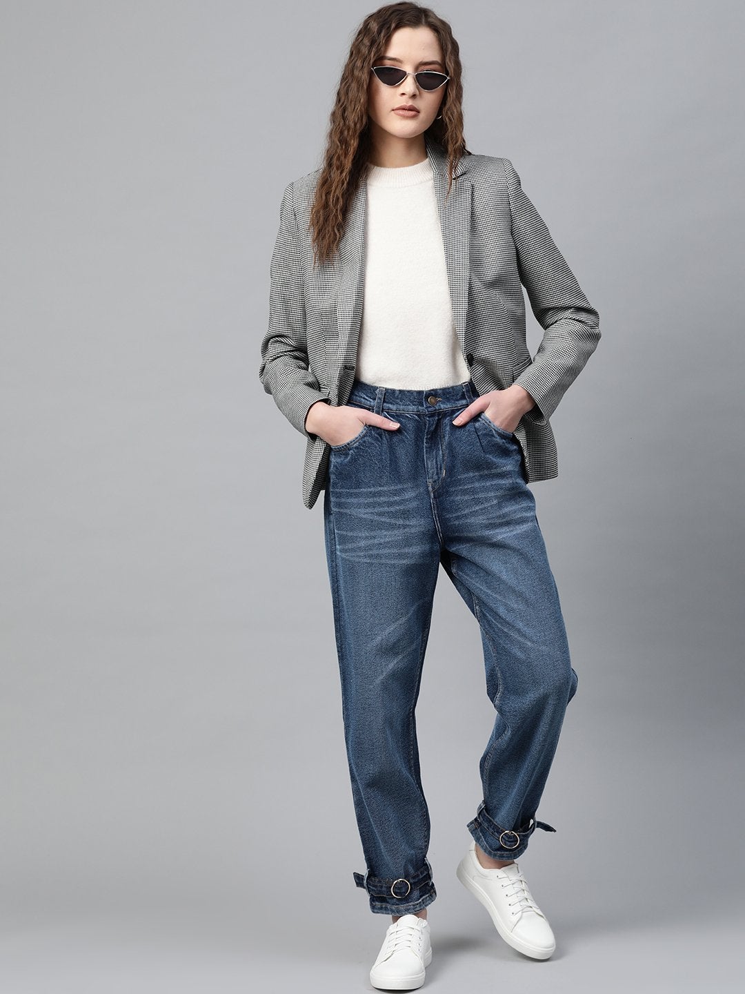 Women's Blue Ring Detail High Waisted Jeans - SASSAFRAS