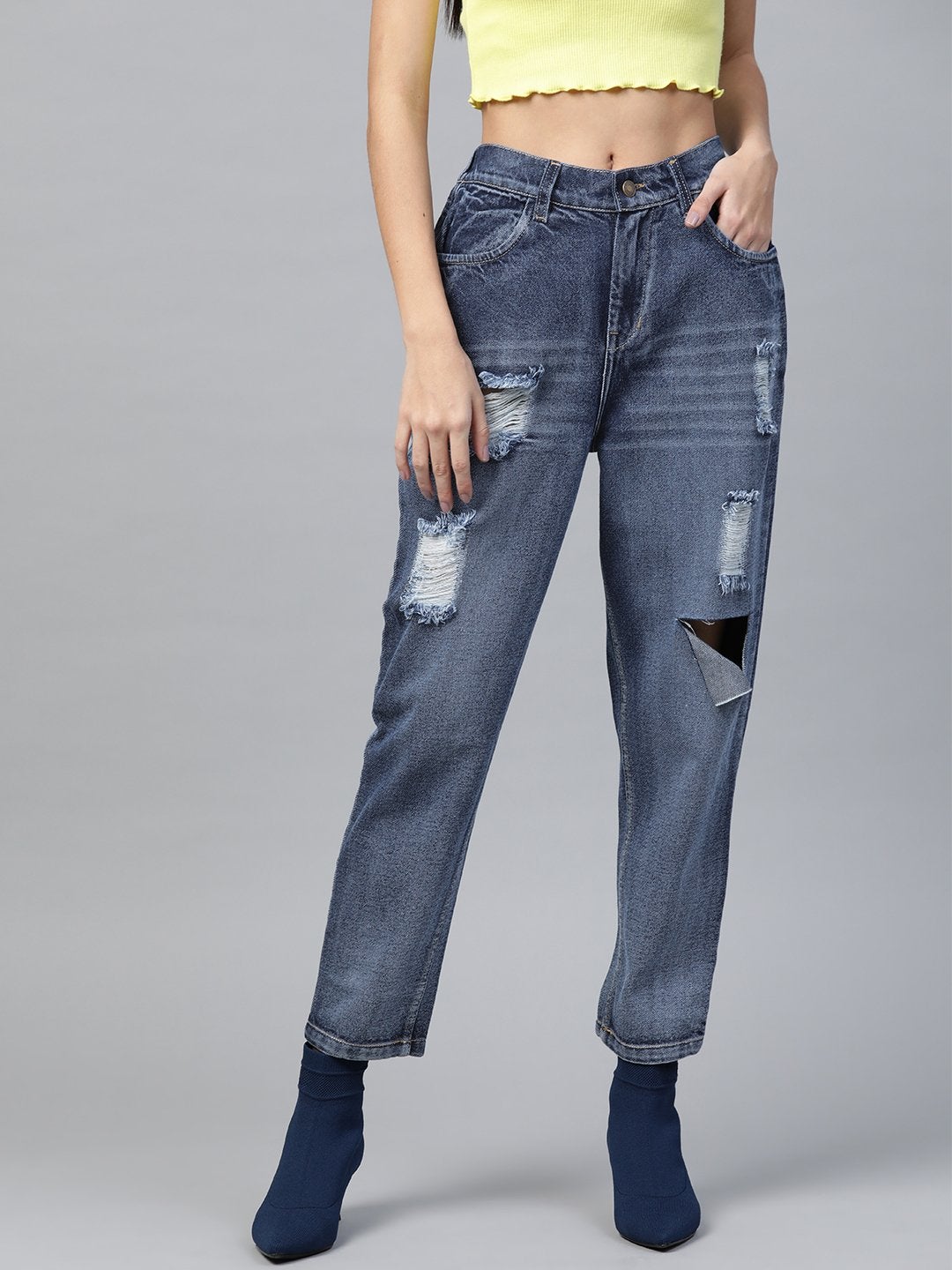 Women's Blue High Rise Ripped Jeans - SASSAFRAS