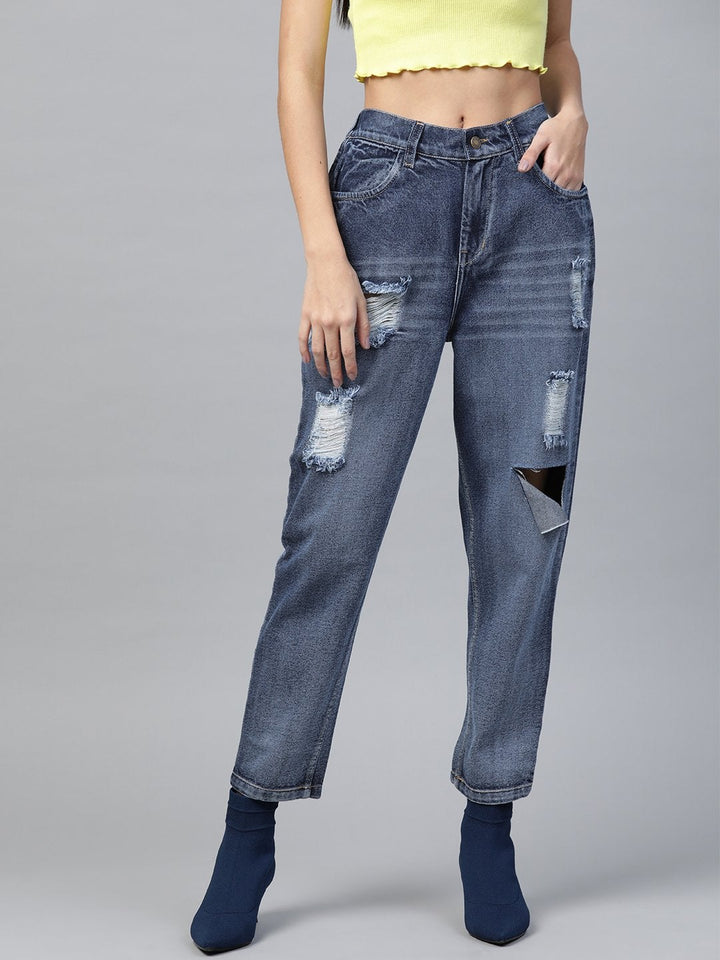 Women's Blue High Rise Ripped Jeans - SASSAFRAS