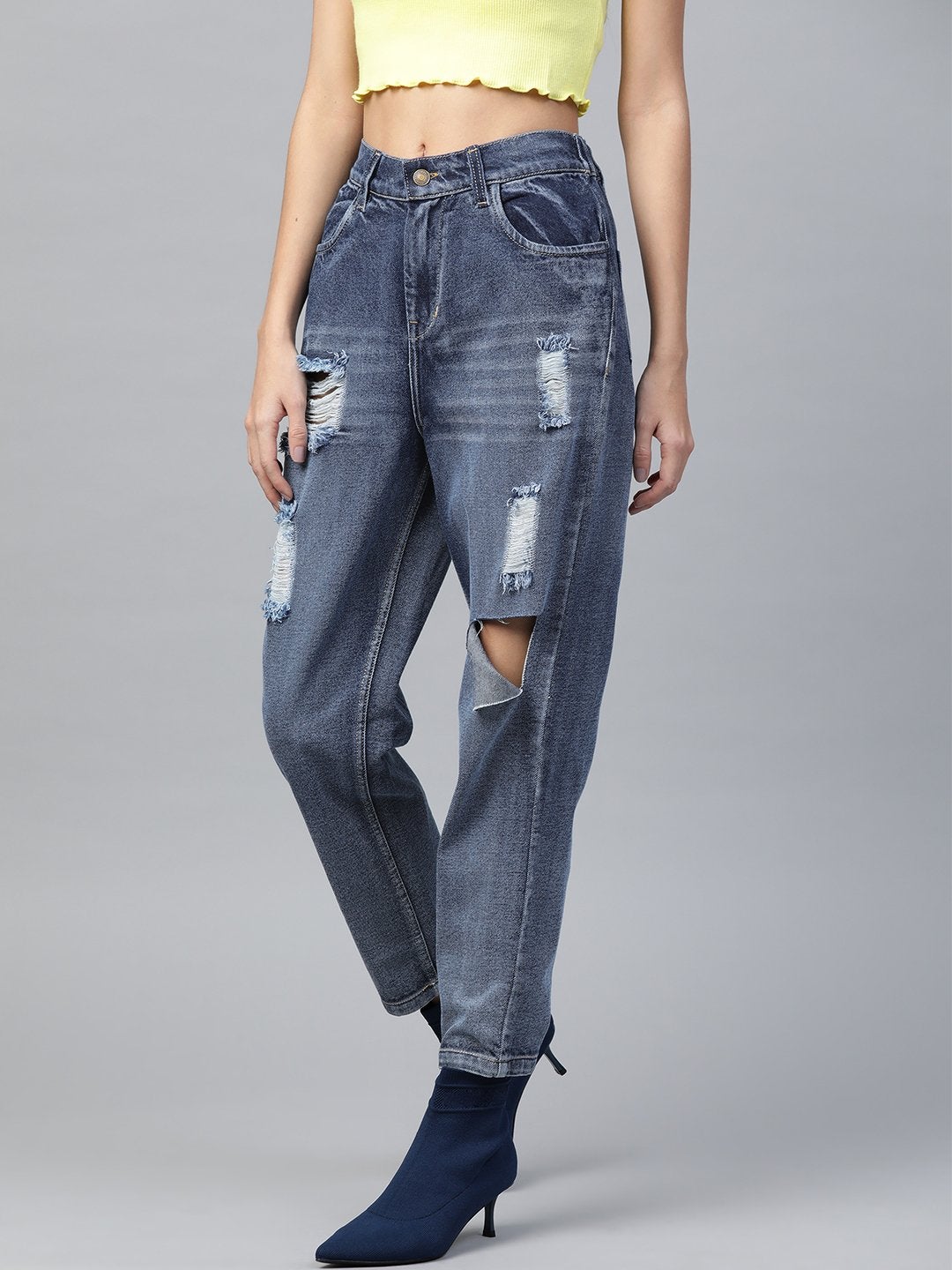 Women's Blue High Rise Ripped Jeans - SASSAFRAS