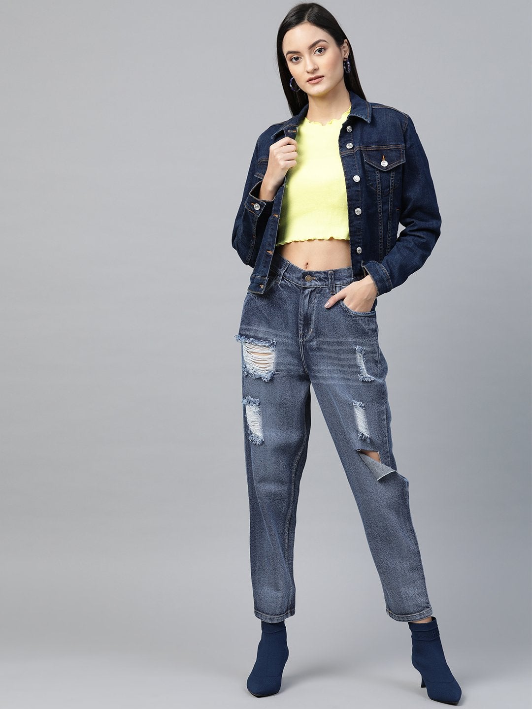 Women's Blue High Rise Ripped Jeans - SASSAFRAS