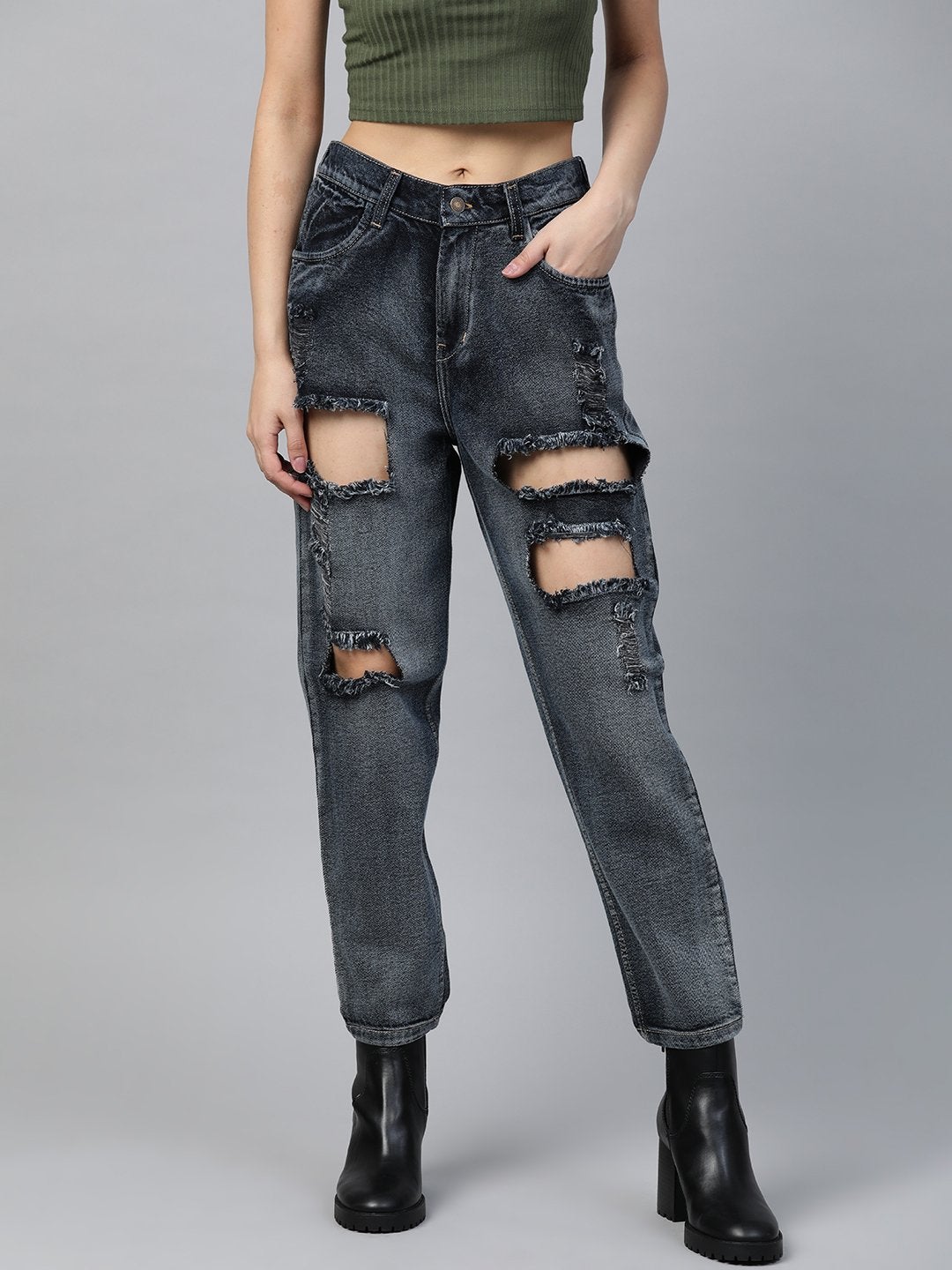 Women's Navy Washed Vintage Distress Jeans - SASSAFRAS