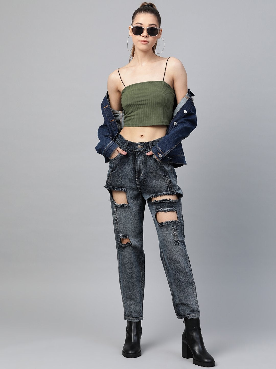 Women's Navy Washed Vintage Distress Jeans - SASSAFRAS