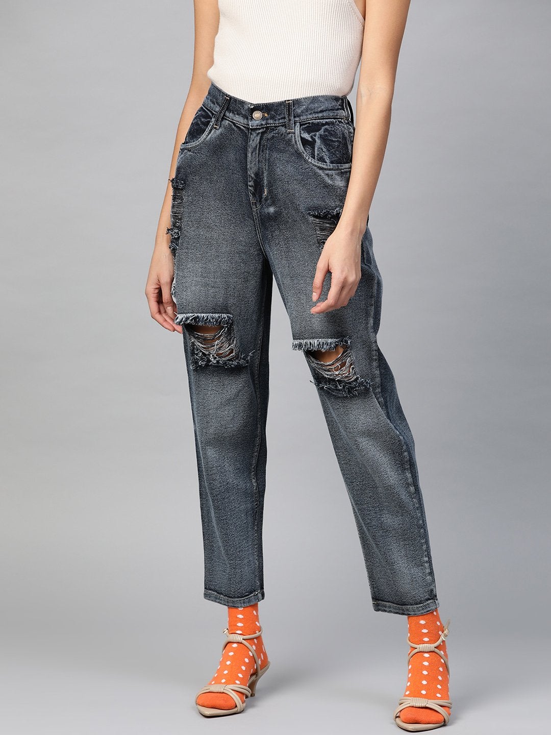 Women's Navy Washed High Waist Distressed Knee Jeans - SASSAFRAS