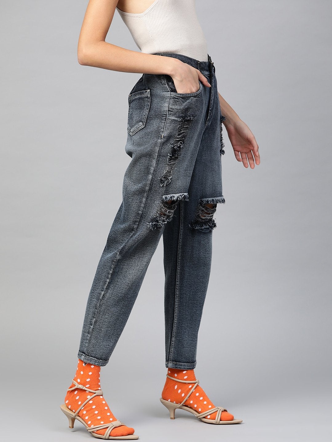 Women's Navy Washed High Waist Distressed Knee Jeans - SASSAFRAS