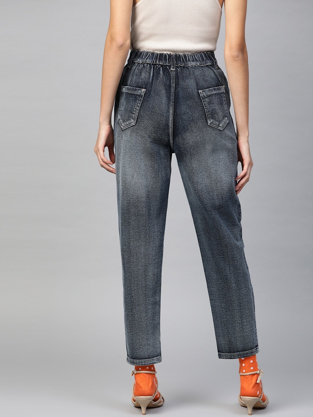 Women's Navy Washed High Waist Distressed Knee Jeans - SASSAFRAS