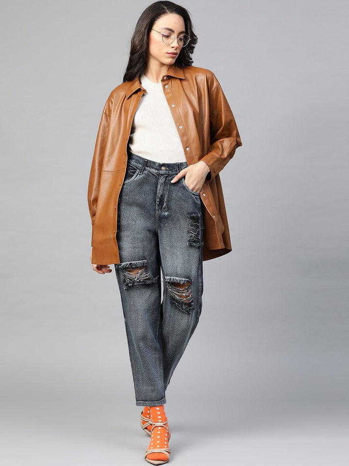 Women's Navy Washed High Waist Distressed Knee Jeans - SASSAFRAS