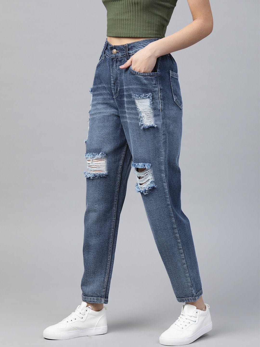 Women's Blue High Waist Distressed Knee Jeans - SASSAFRAS