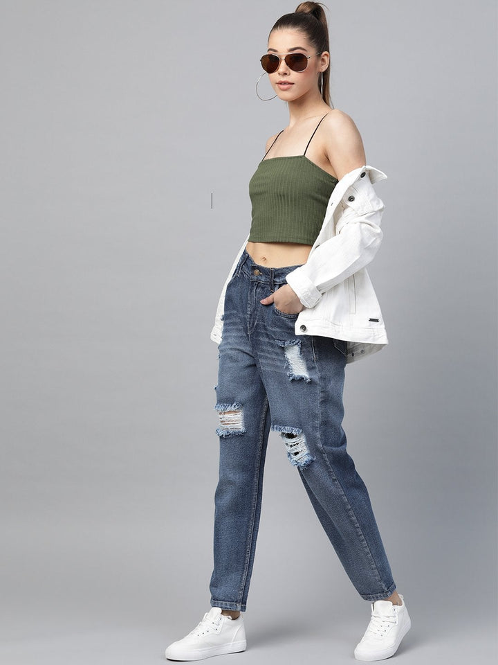 Women's Blue High Waist Distressed Knee Jeans - SASSAFRAS