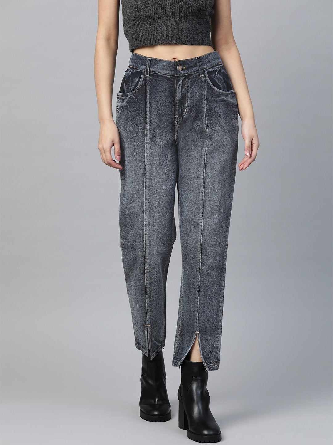 Women's Navy Washed High Waist Front Slit Jeans - SASSAFRAS