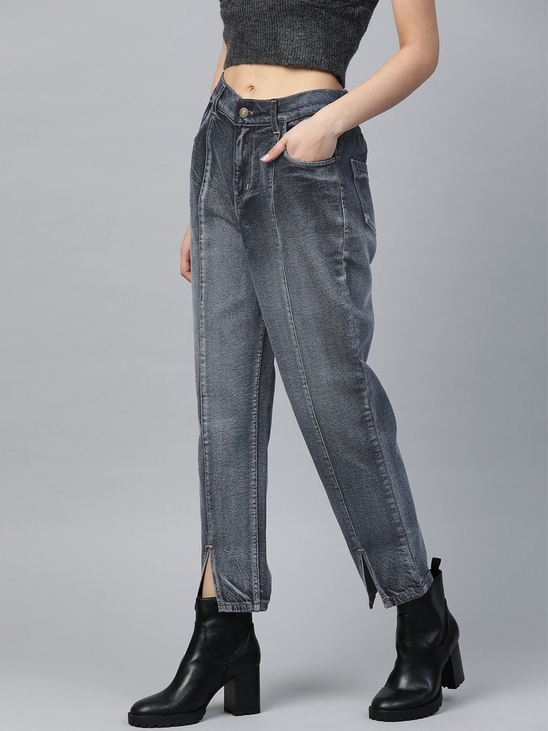 Women's Navy Washed High Waist Front Slit Jeans - SASSAFRAS