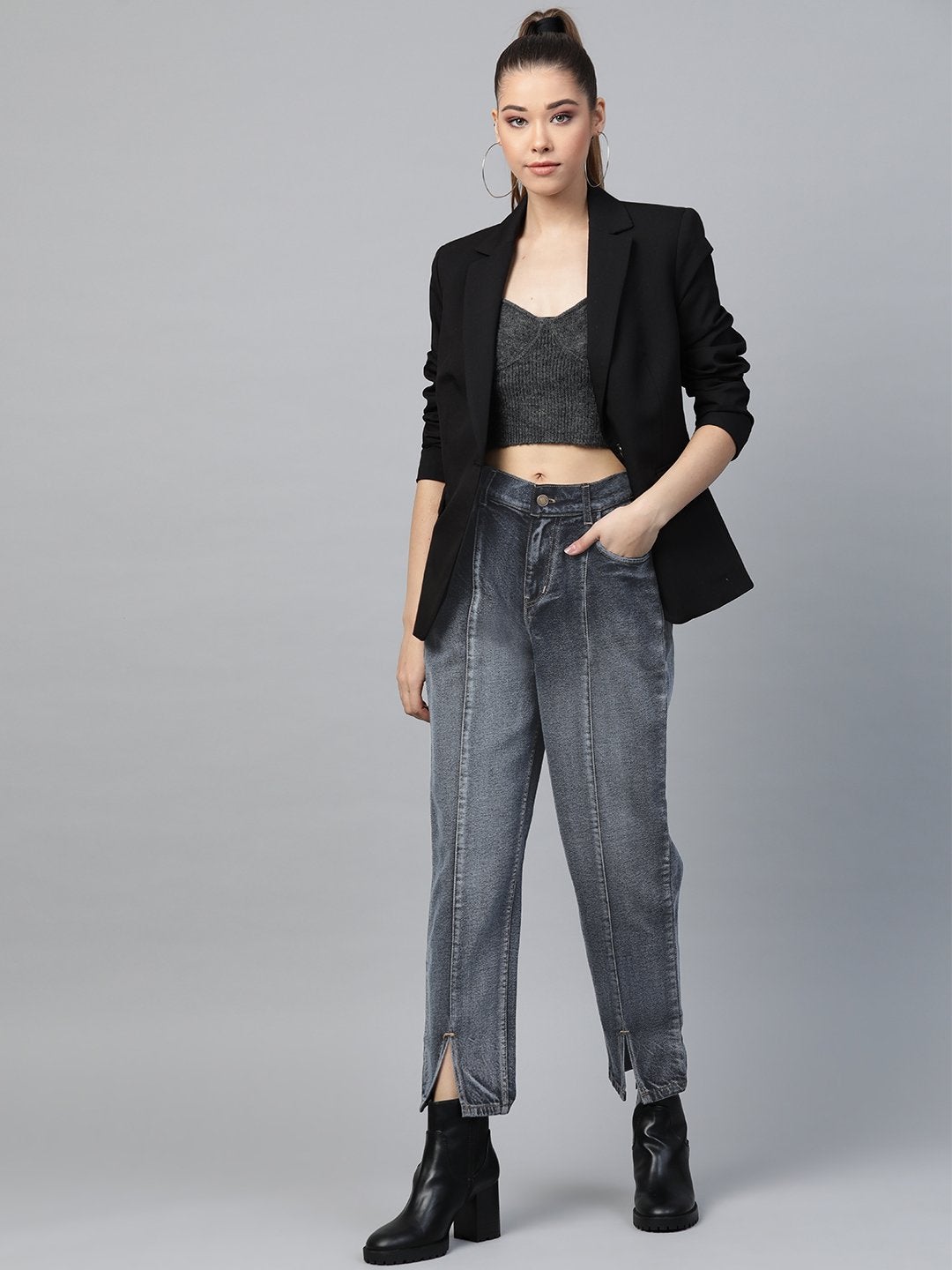 Women's Navy Washed High Waist Front Slit Jeans - SASSAFRAS