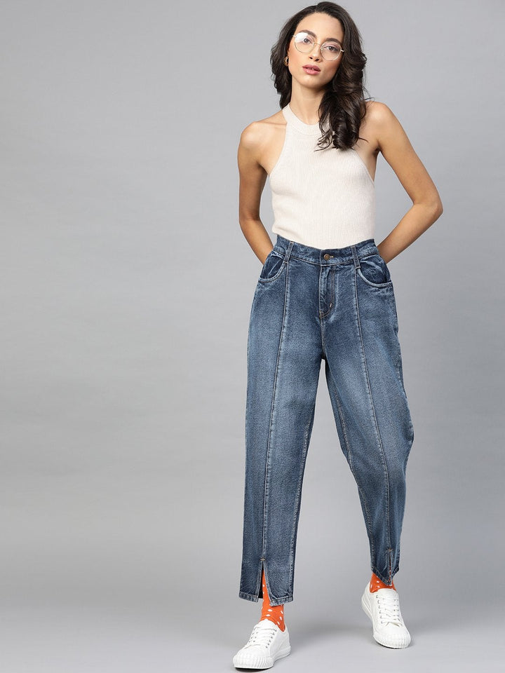 Women's Blue High Waist Front Slit Jeans - SASSAFRAS