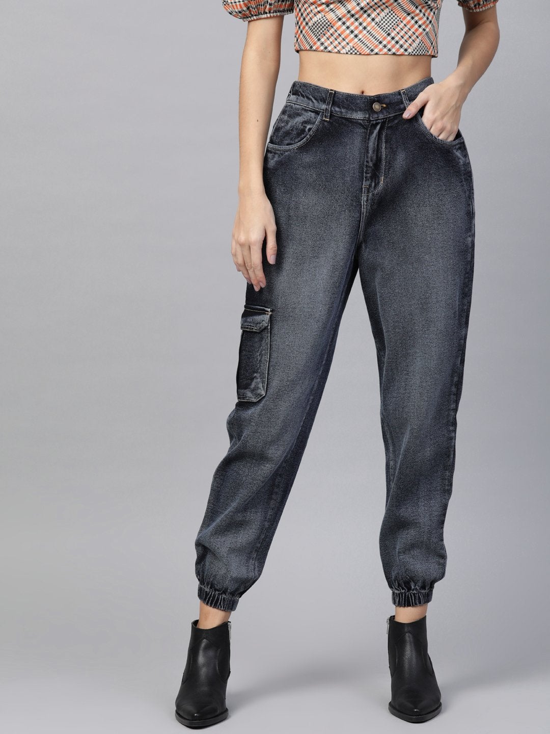 Women's Navy Washed Street Wear Jogger Jeans - SASSAFRAS