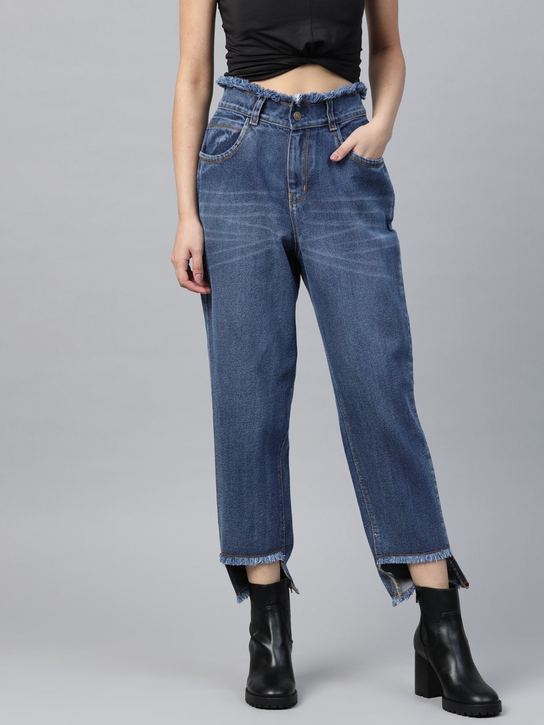 Women's Blue High Low Hem Slouchy Jeans - SASSAFRAS