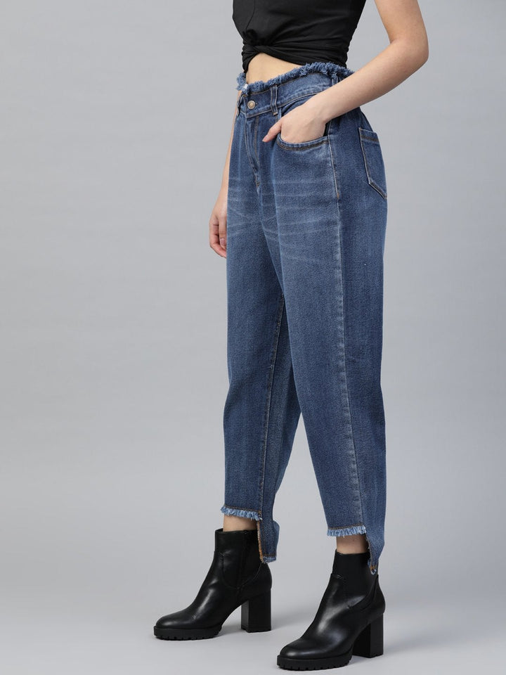 Women's Blue High Low Hem Slouchy Jeans - SASSAFRAS