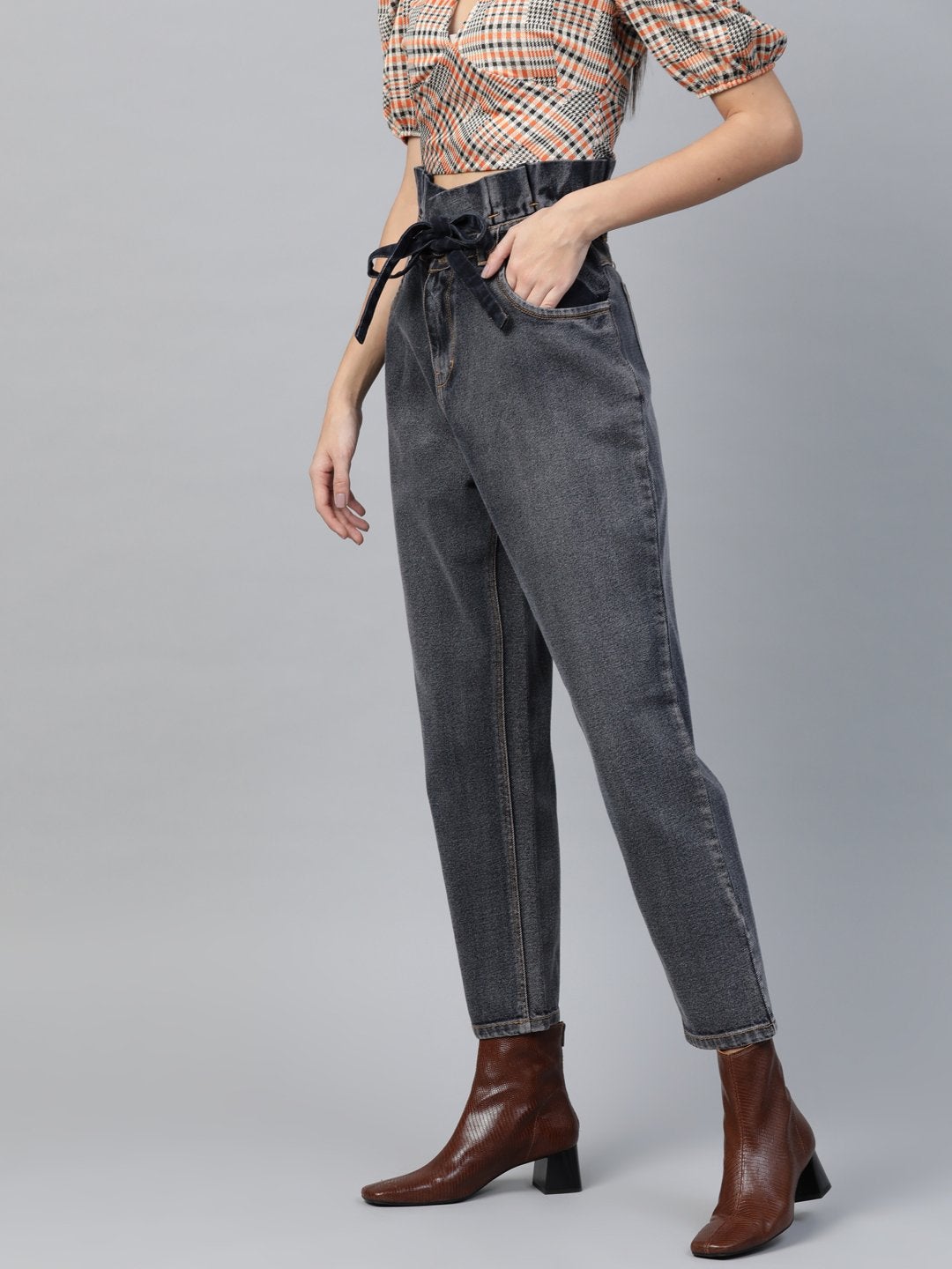 Women's Navy Washed Paper Bag Waist Jeans - SASSAFRAS