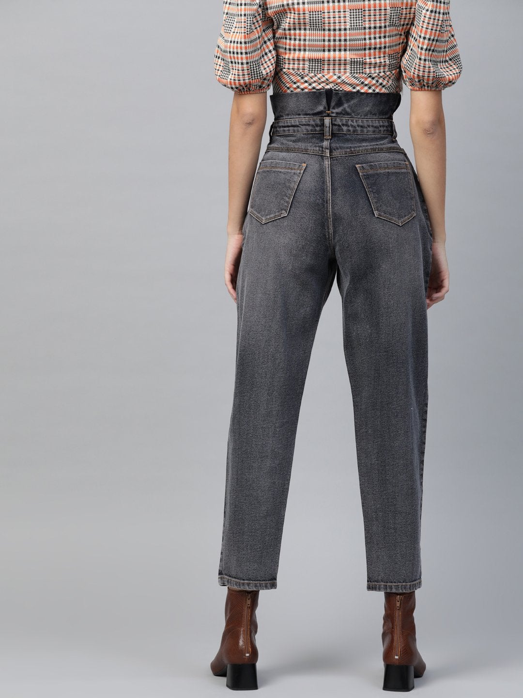Women's Navy Washed Paper Bag Waist Jeans - SASSAFRAS