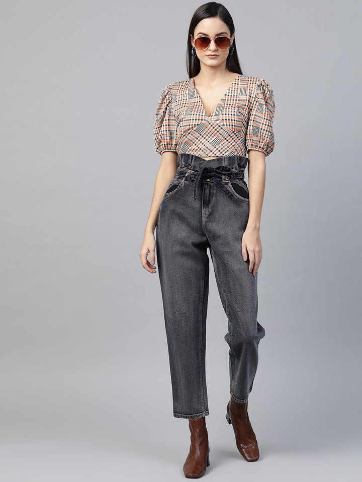 Women's Navy Washed Paper Bag Waist Jeans - SASSAFRAS