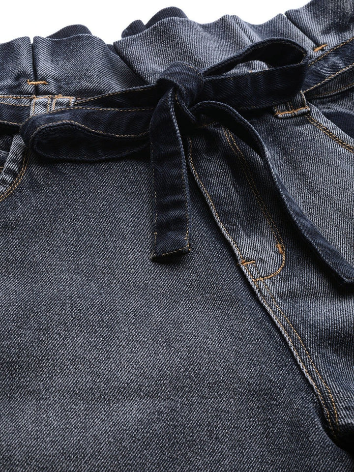 Women's Navy Washed Paper Bag Waist Jeans - SASSAFRAS