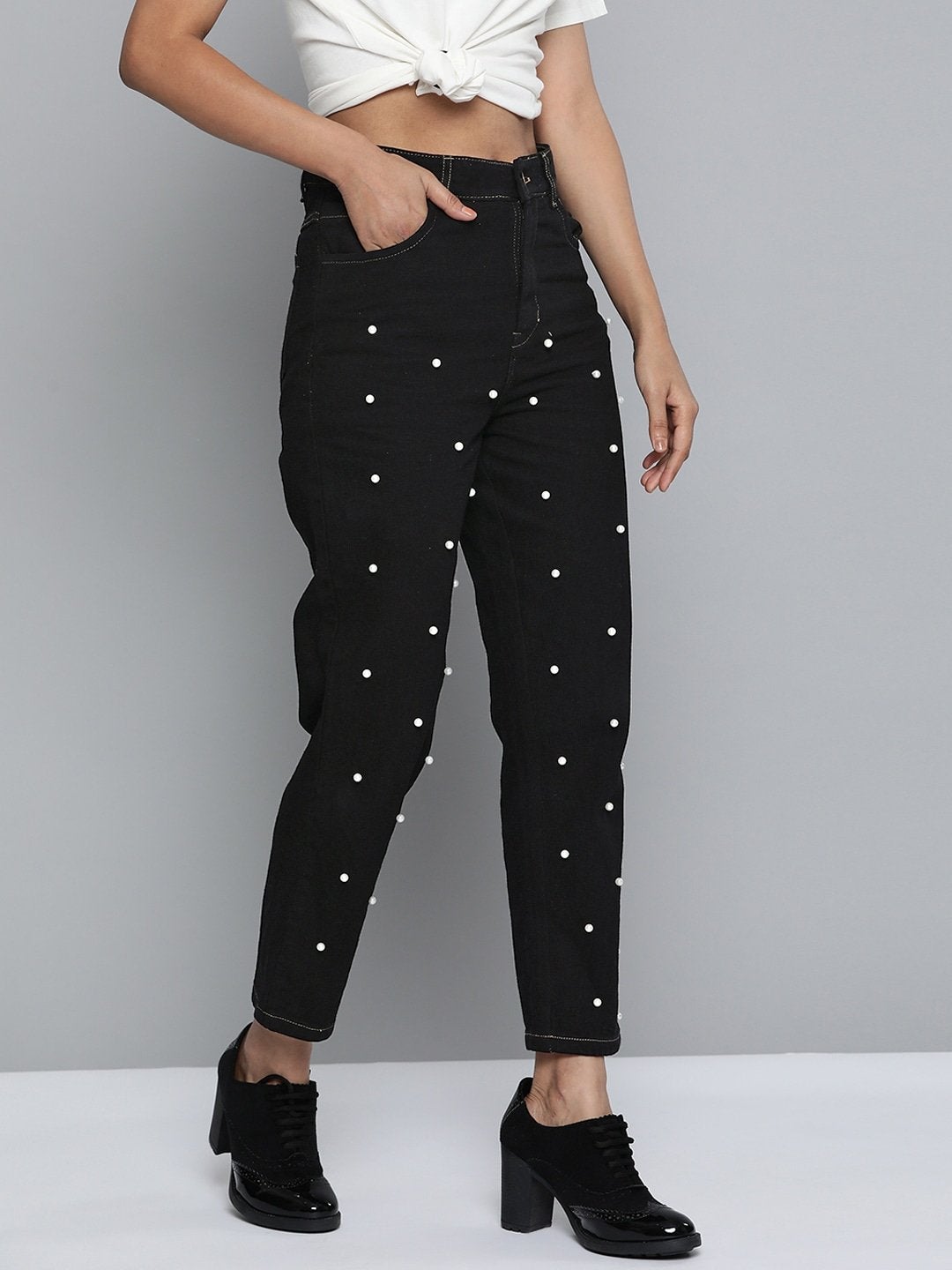 Women's Black Pearl Detail Mom Jeans - SASSAFRAS