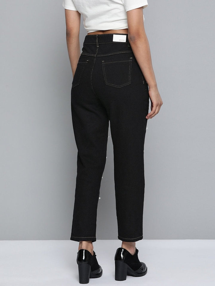 Women's Black Pearl Detail Mom Jeans - SASSAFRAS