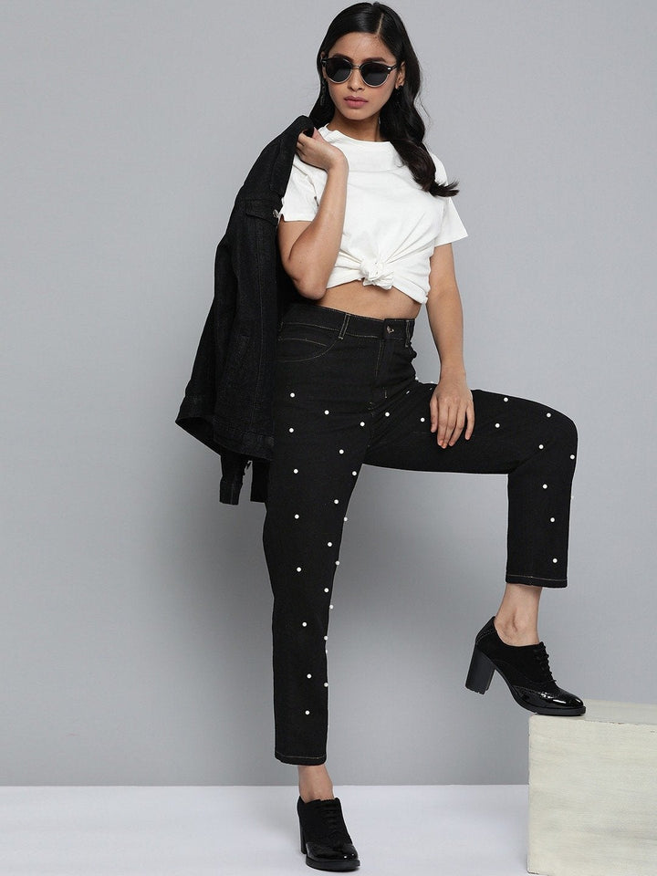 Women's Black Pearl Detail Mom Jeans - SASSAFRAS