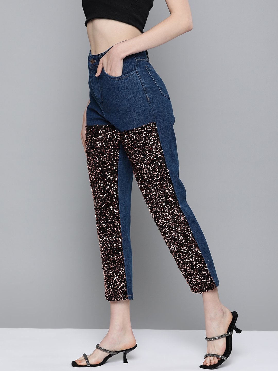 Women's Blue Sequence Detail Mom Jeans - SASSAFRAS