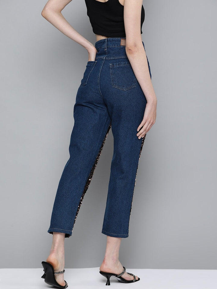 Women's Blue Sequence Detail Mom Jeans - SASSAFRAS