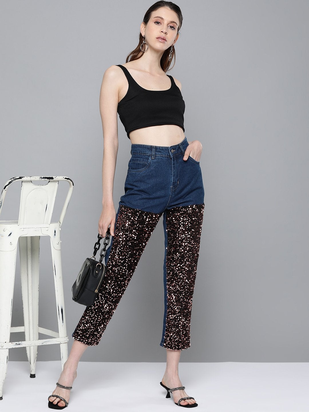 Women's Blue Sequence Detail Mom Jeans - SASSAFRAS