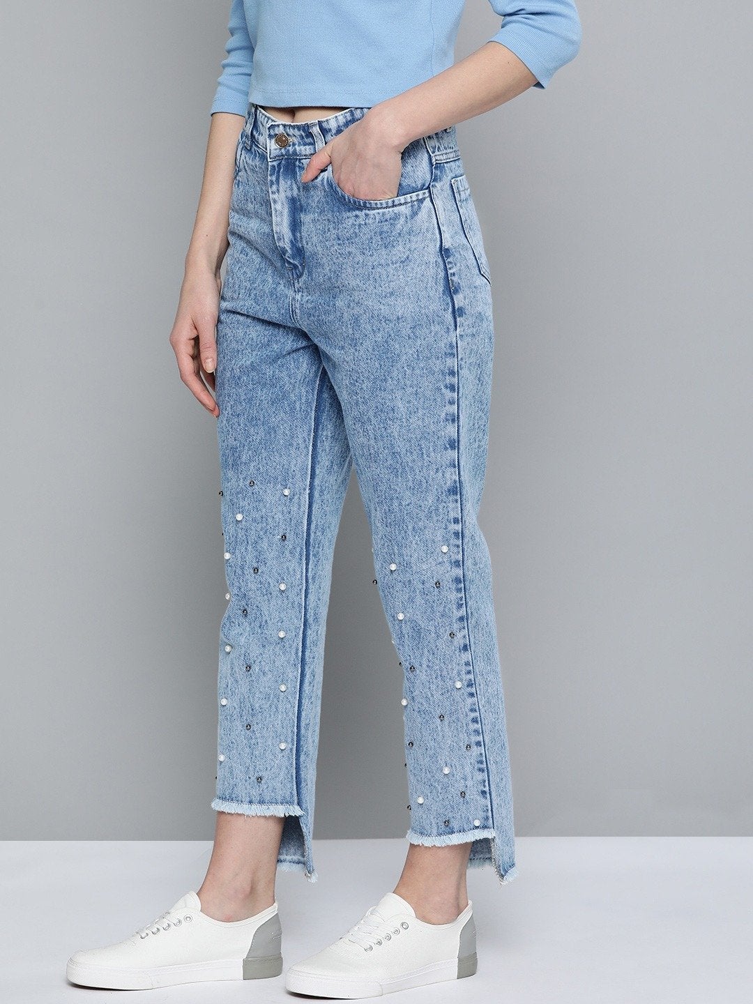 Women's Blue High Low Pearl Detail Mom Jeans - SASSAFRAS