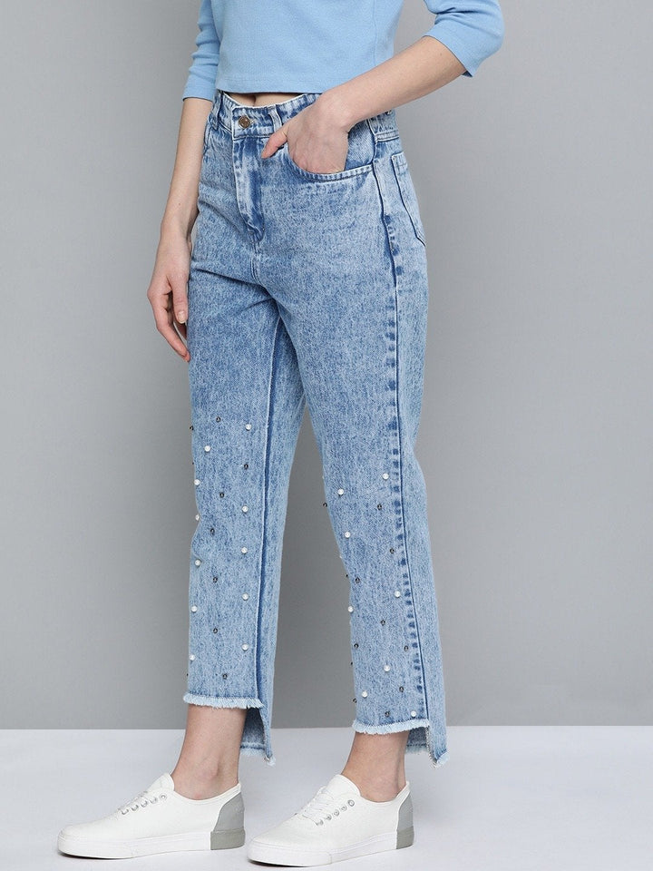 Women's Blue High Low Pearl Detail Mom Jeans - SASSAFRAS