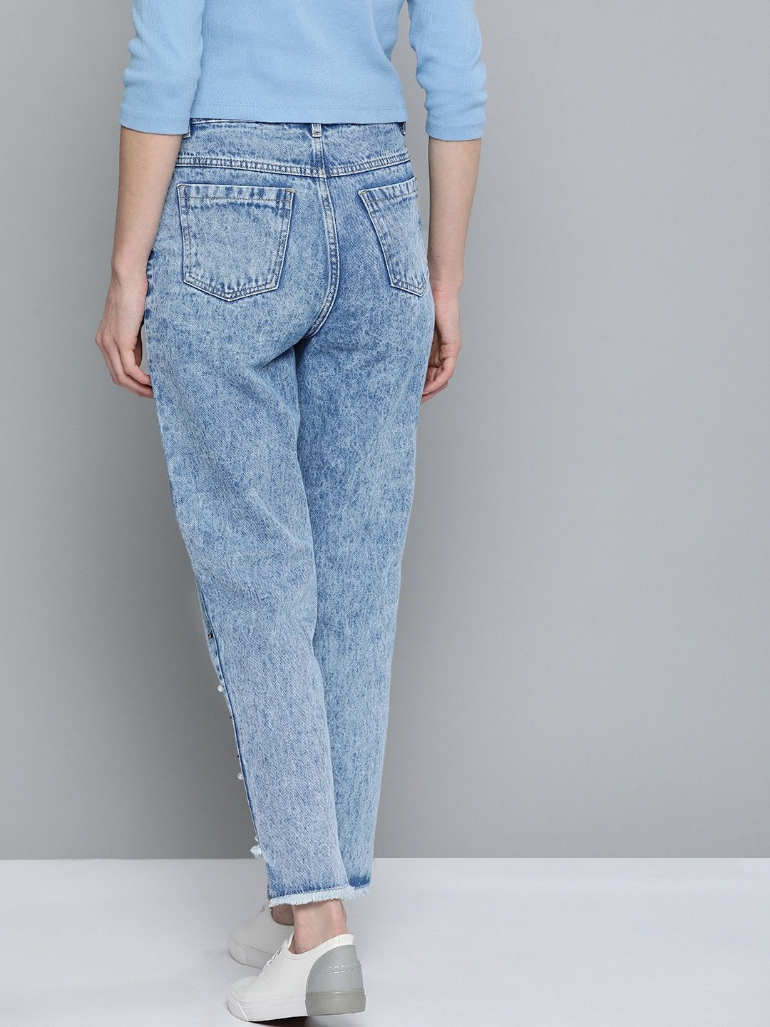 Women's Blue High Low Pearl Detail Mom Jeans - SASSAFRAS