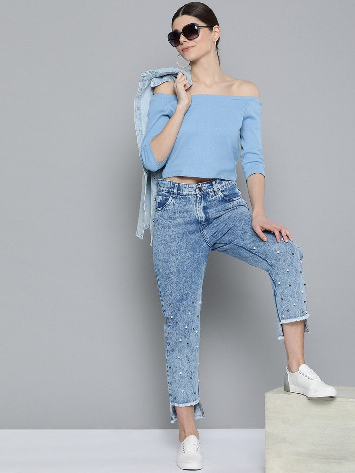 Women's Blue High Low Pearl Detail Mom Jeans - SASSAFRAS