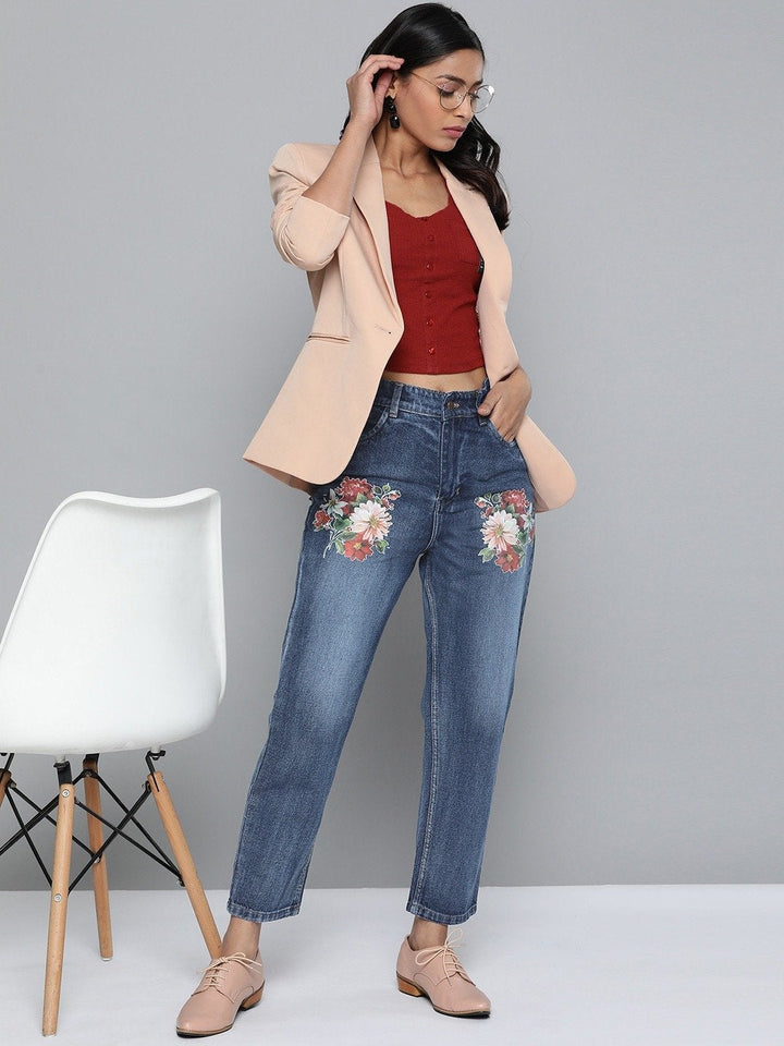 Women's Blue Floral Print Mom Jeans - SASSAFRAS